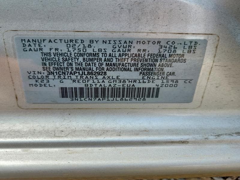 2018 NISSAN VERSA S PLUS S PLUS 12