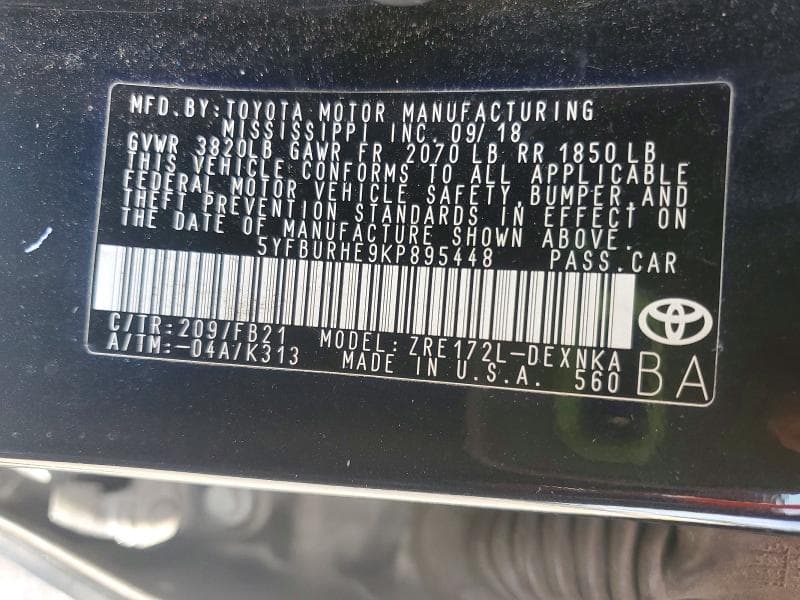 2019 TOYOTA COROLLA LE 12