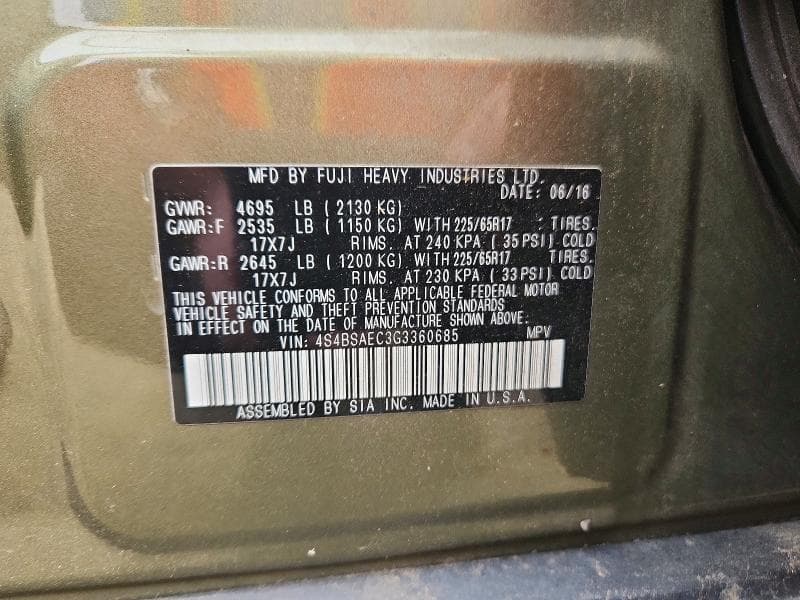 2016 SUBARU OUTBACK 2.5I PREMIUM 12