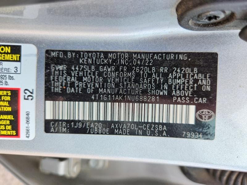 2022 TOYOTA CAMRY SE 12