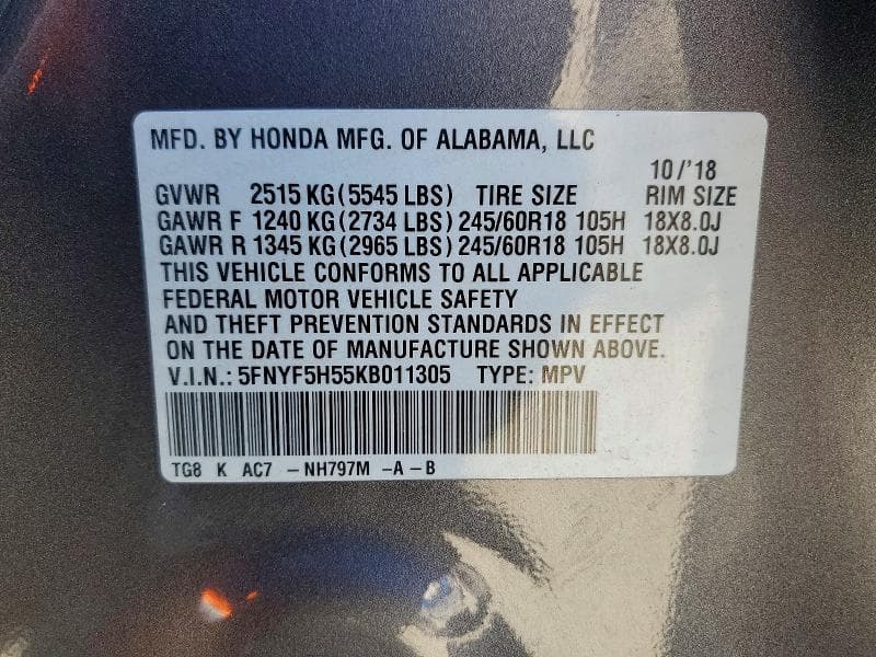 2019 HONDA PILOT EXL 13