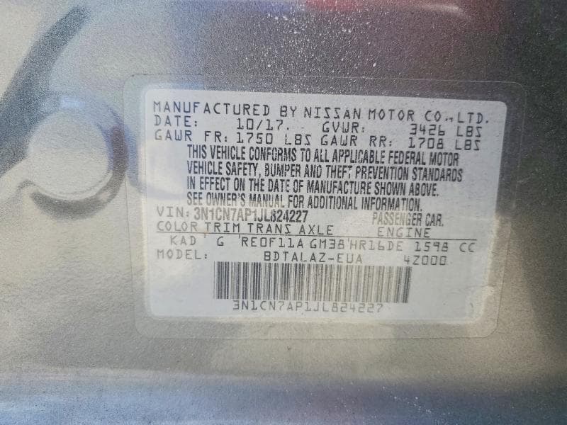 2018 NISSAN VERSA S PLUS S PLUS 12
