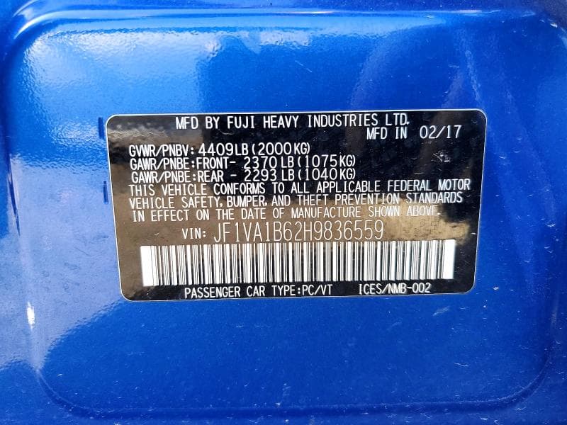 2017 SUBARU WRX LIMITED W/CONTIN 12
