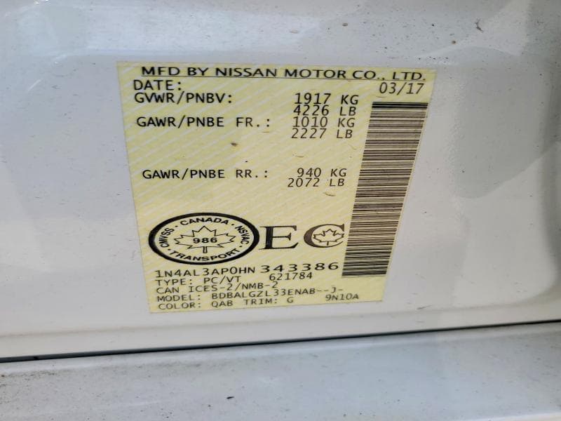 2017 NISSAN ALTIMA 2.5 2.5 12