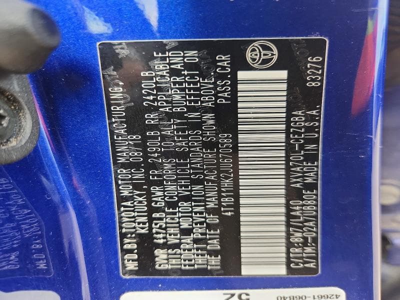 2018 TOYOTA CAMRY XLE XLE 12