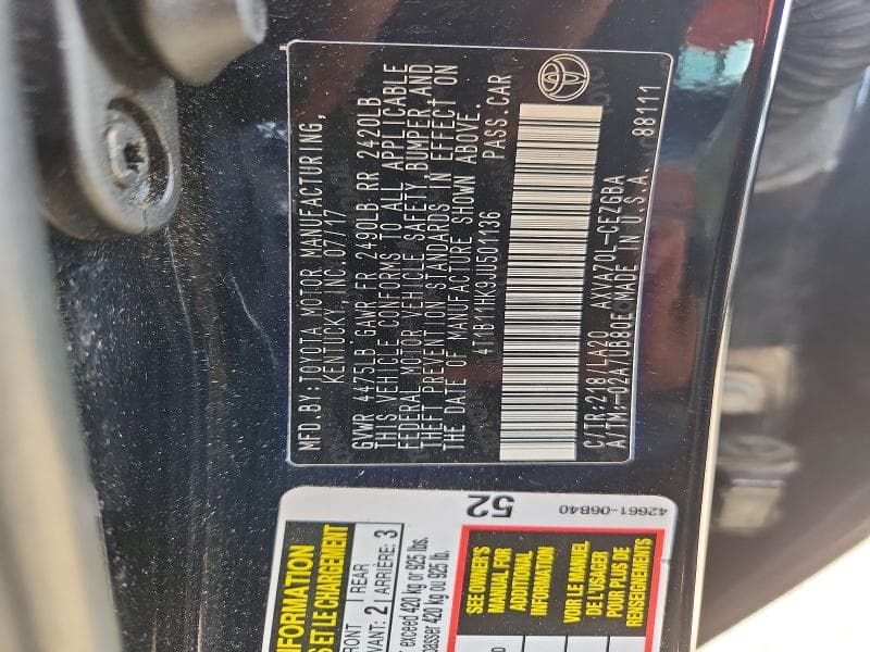 2018 TOYOTA CAMRY XLE 12