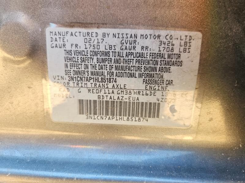 2017 NISSAN VERSA 1.6 S PLUS 12
