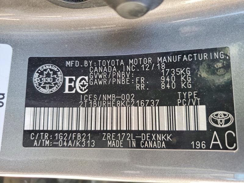 2019 TOYOTA COROLLA L 12