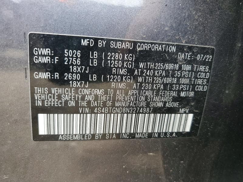 2022 SUBARU OUTBACK LIMITED XT 12