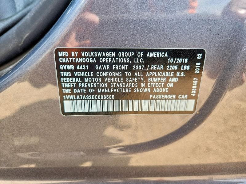 2019 VOLKSWAGEN PASSAT WOLFSBURG 12