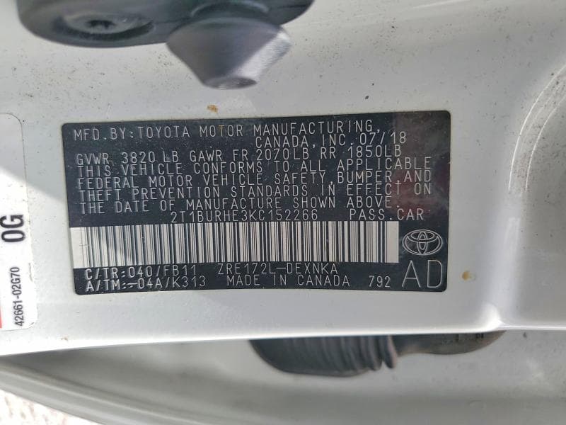 2019 TOYOTA COROLLA LE 12