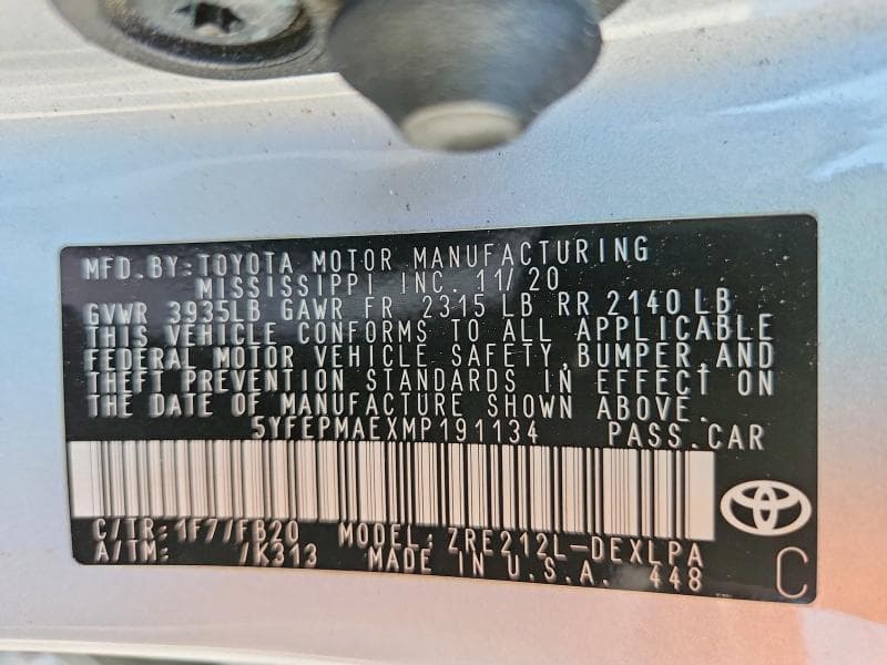 2021 TOYOTA COROLLA LE 12