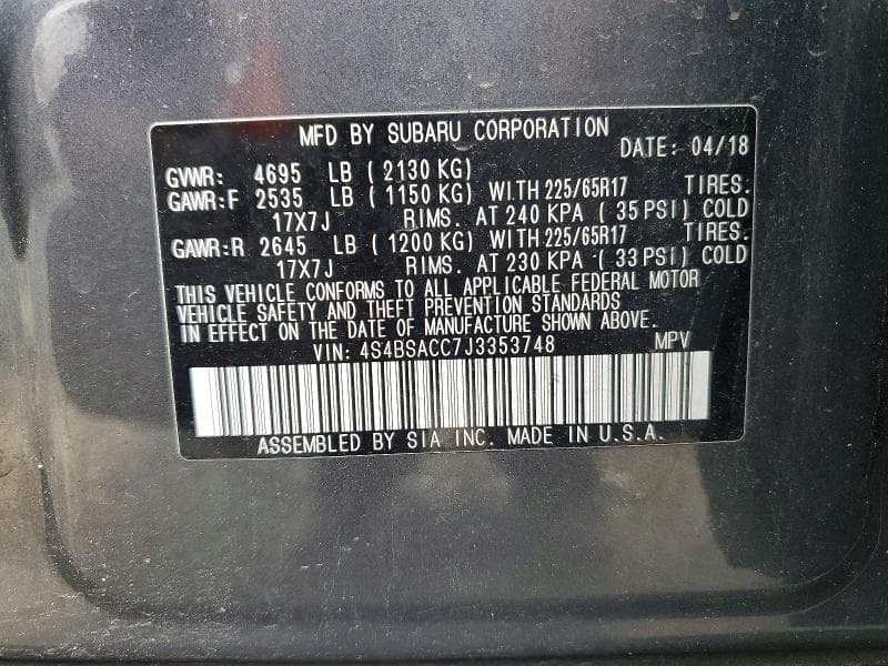 2018 SUBARU OUTBACK 2.5I PREMIUM 13