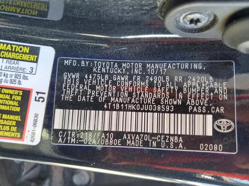 2018 TOYOTA CAMRY LE 12