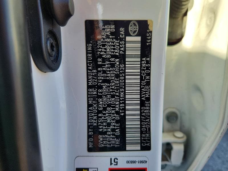 2018 TOYOTA CAMRY LE 12
