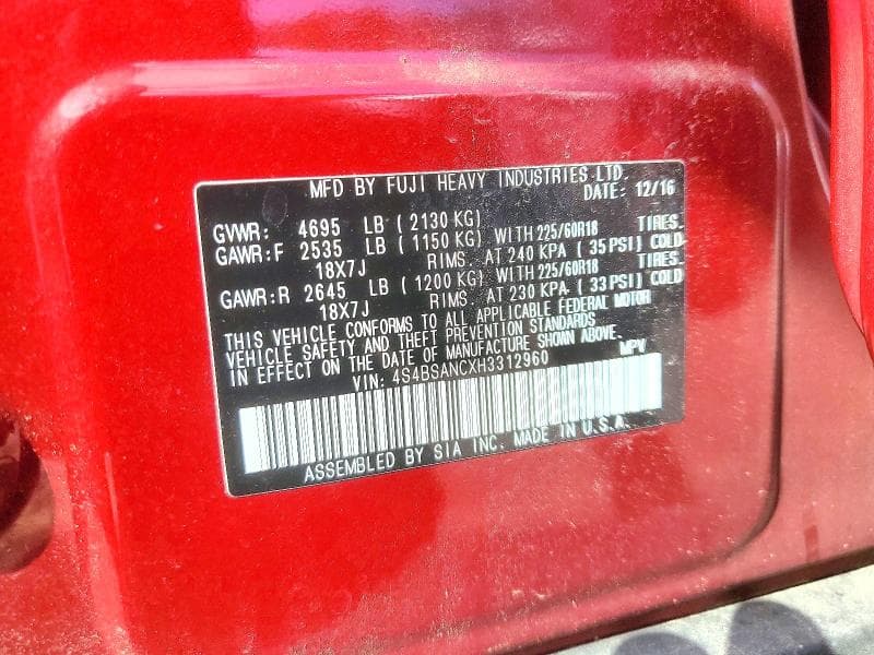 2017 SUBARU OUTBACK 2.5I LIMITED 12