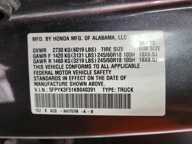 2019 HONDA RIDGELINE RTL 12