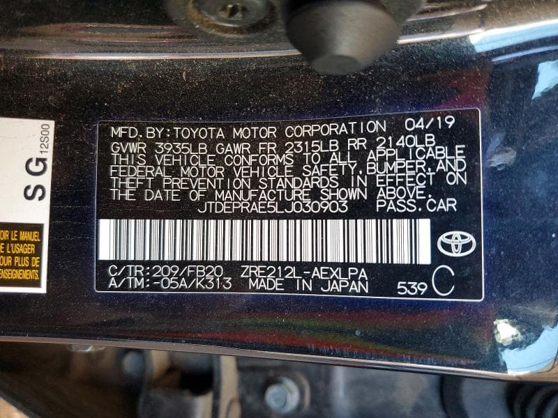 2020 TOYOTA COROLLA LE 12