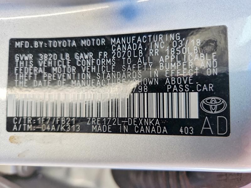 2018 TOYOTA COROLLA LE 12