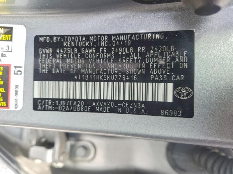 2019 TOYOTA CAMRY LE 12