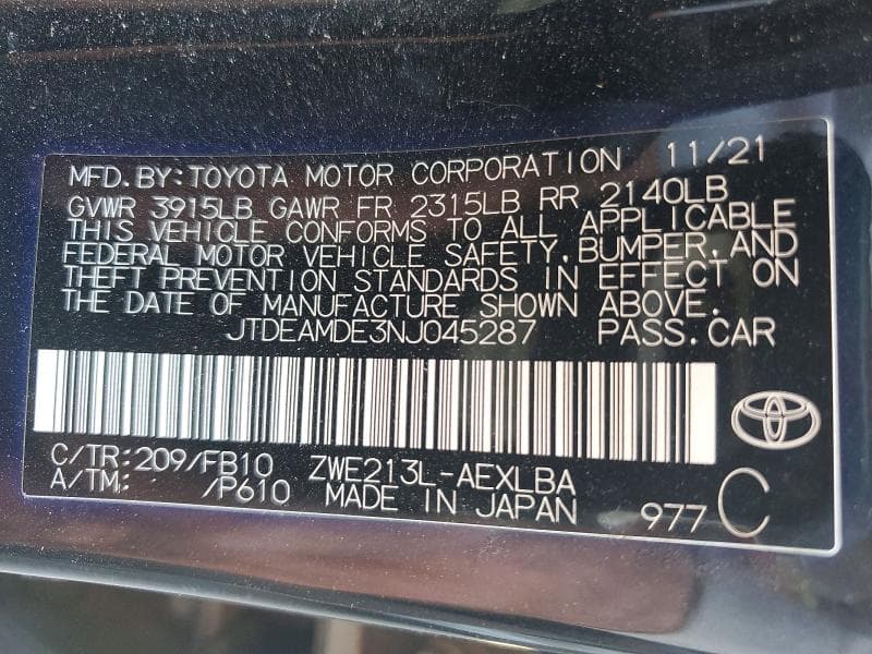 2022 TOYOTA COROLLA LE 12