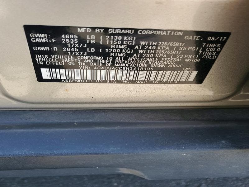2017 SUBARU OUTBACK 2.5I PREMIUM 13