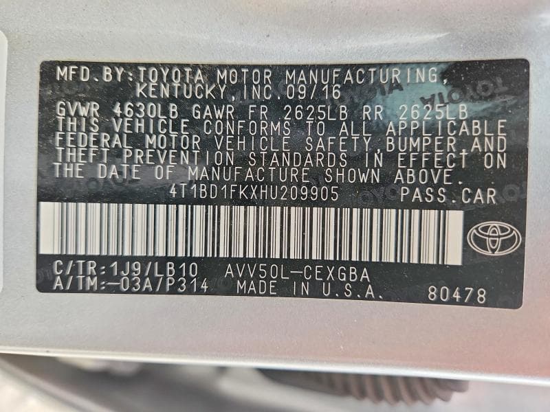 2017 TOYOTA CAMRY HYBRID XLE 12