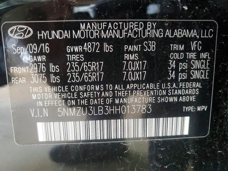 2017 HYUNDAI SANTA FE SPORT 2.4L 12