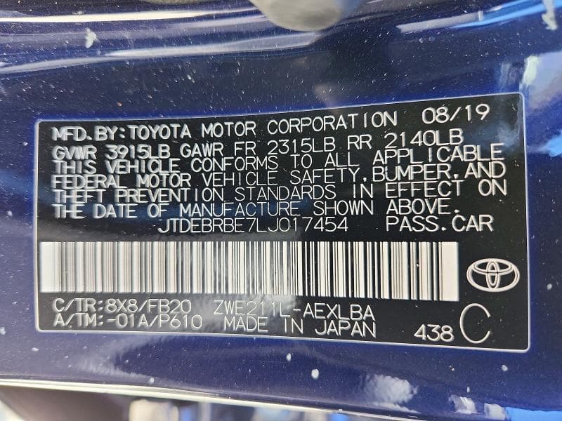 2020 TOYOTA COROLLA LE 12