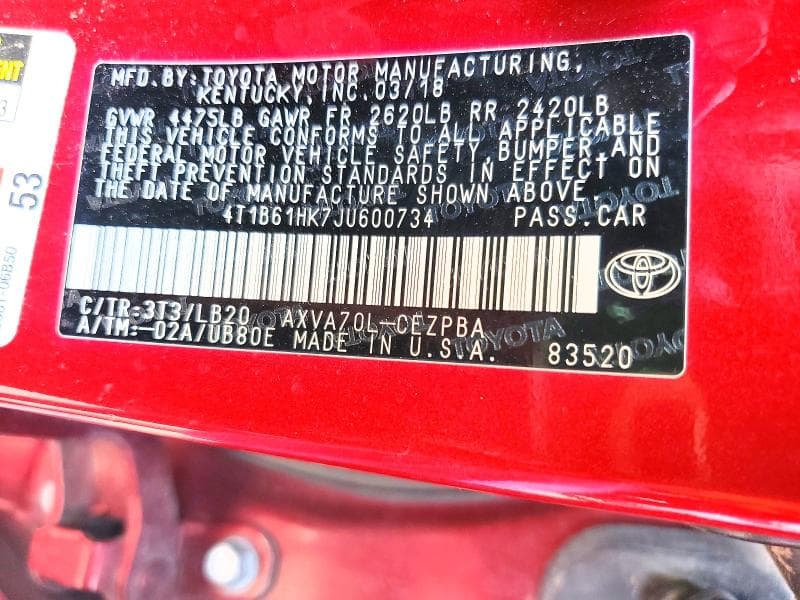 2018 TOYOTA CAMRY XSE 12
