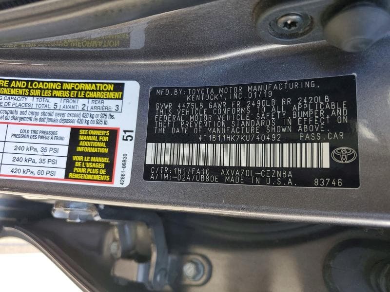 2019 TOYOTA CAMRY LE 12
