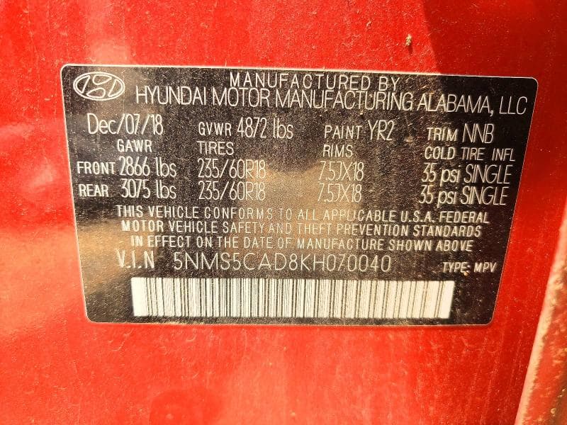 2019 HYUNDAI SANTA FE ULTIMATE 2.4L 13