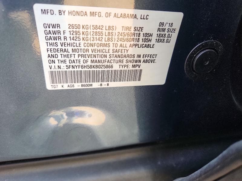 2019 HONDA PILOT EXL 12