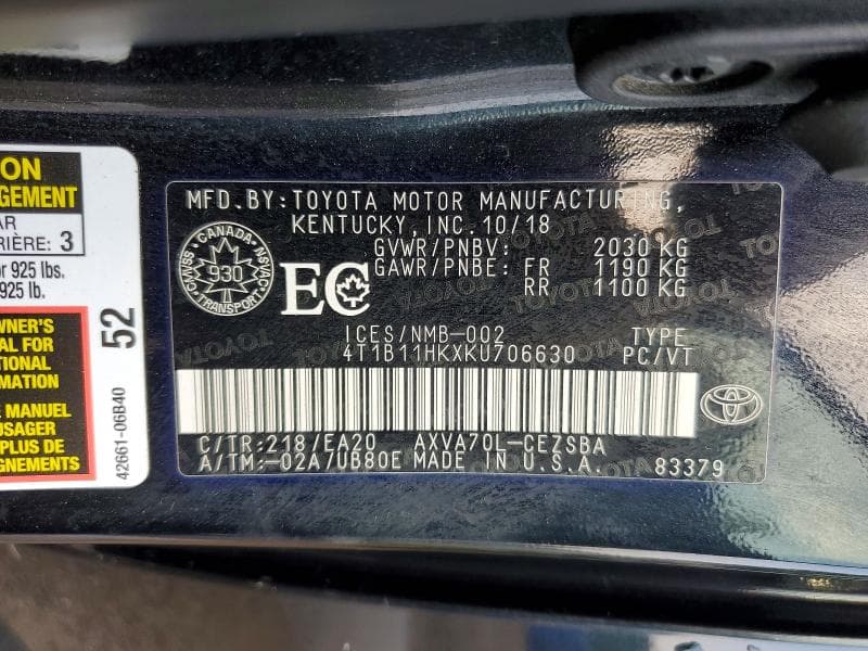 2019 TOYOTA CAMRY 12