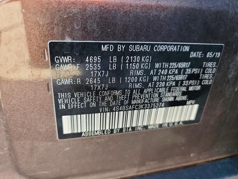 2019 SUBARU OUTBACK 2.5I PREMIUM 14
