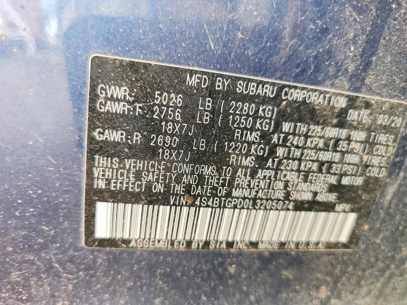 2020 SUBARU OUTBACK TOURING LDL 12