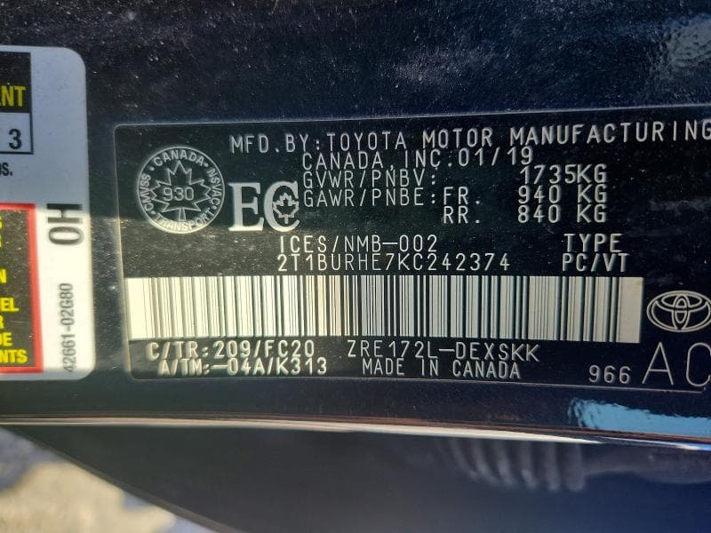 2019 TOYOTA COROLLA L 12