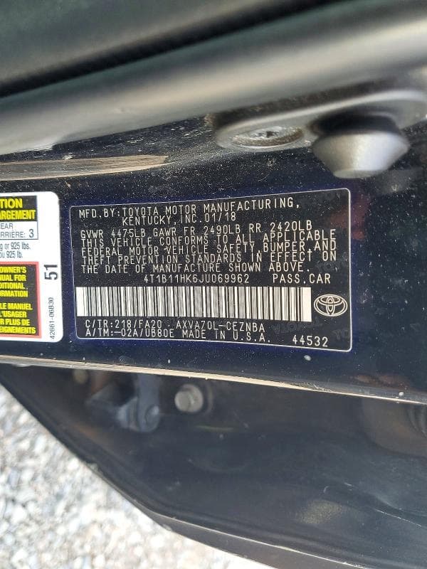 2018 TOYOTA CAMRY LE 12