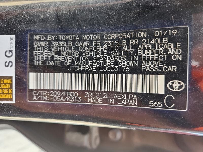 2020 TOYOTA COROLLA LE 12