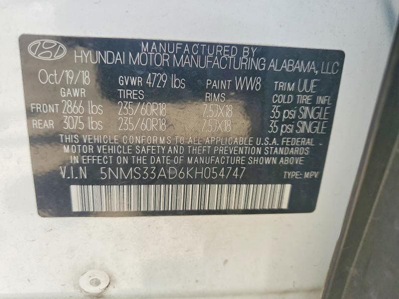 2019 HYUNDAI SANTA FE SEL PLUS 2.4L 12