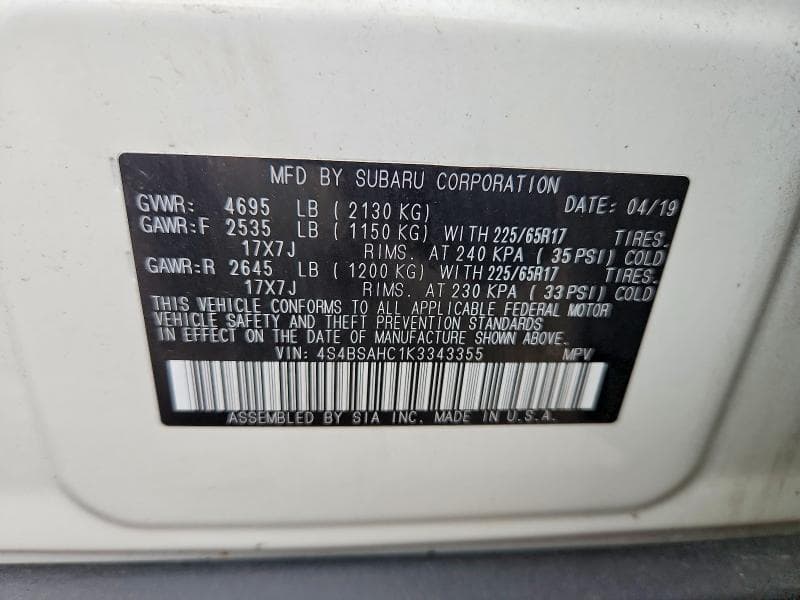 2019 SUBARU OUTBACK 2.5I PREMIUM 13