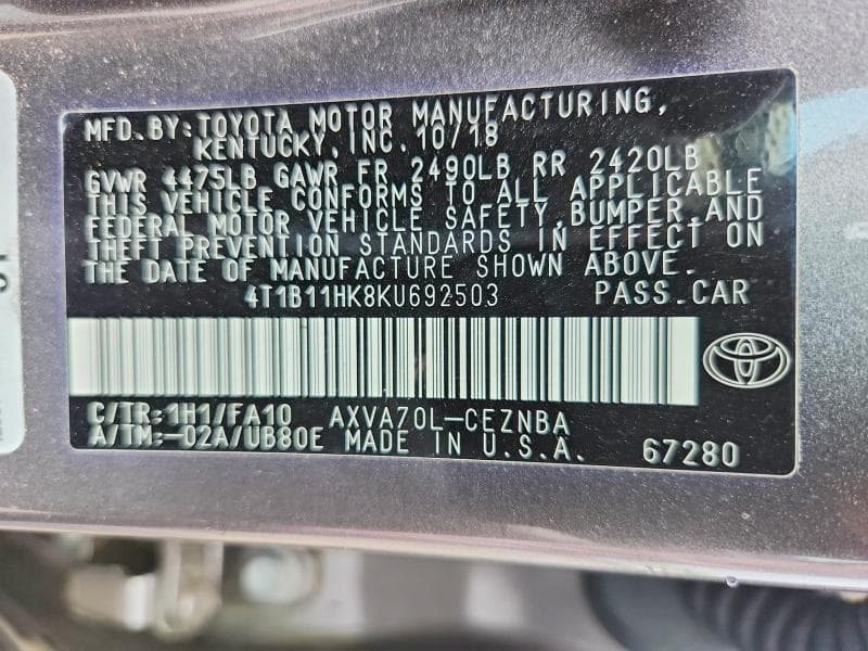 2019 TOYOTA CAMRY LE 12