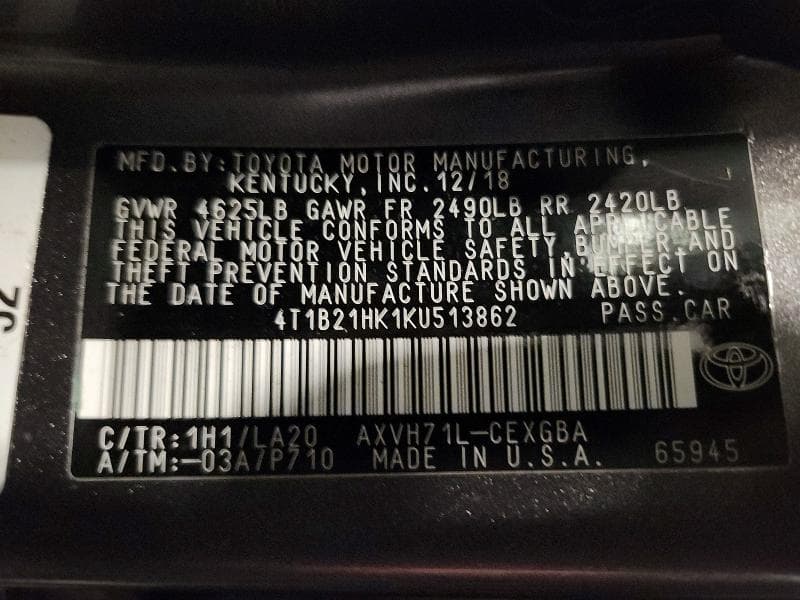 2019 TOYOTA CAMRY HYBRID XLE 12