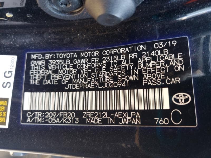 2020 TOYOTA COROLLA LE 12