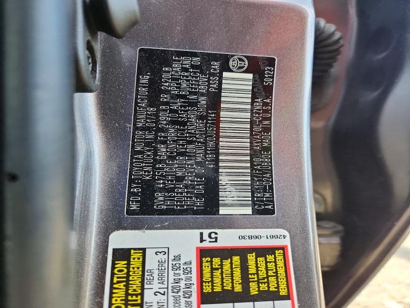 2018 TOYOTA CAMRY LE 12