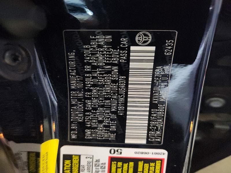 2018 TOYOTA CAMRY L 12
