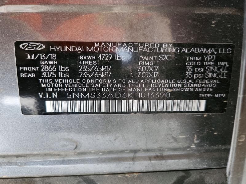 2019 HYUNDAI SANTA FE SEL 2.4L 12
