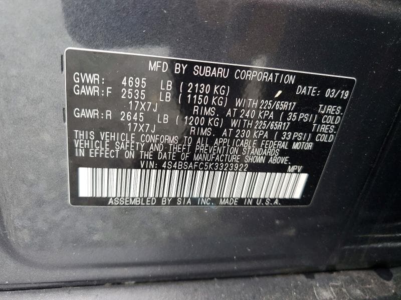 2019 SUBARU OUTBACK 2.5I PREMIUM 14