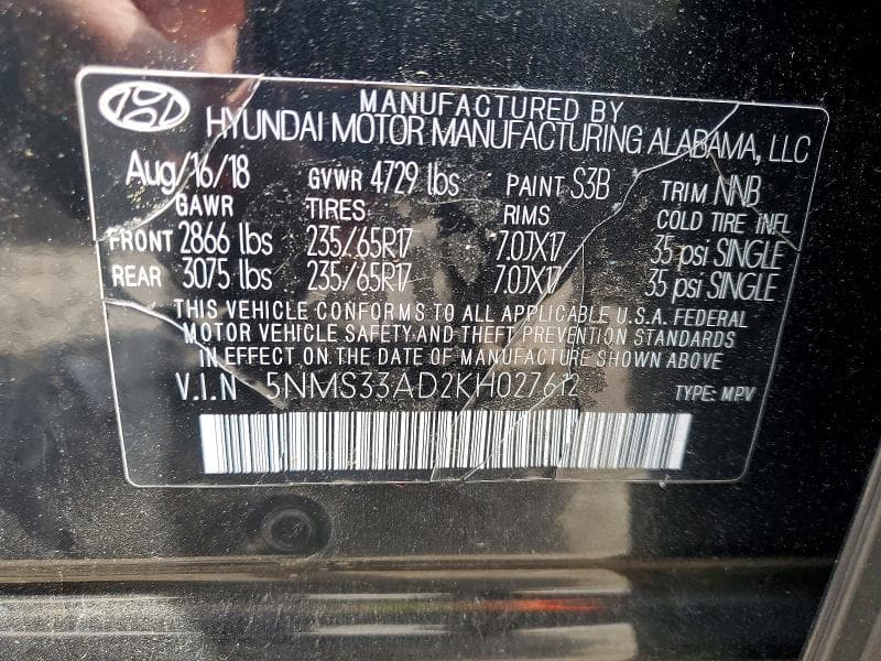 2019 HYUNDAI SANTA FE SEL 2.4L 14
