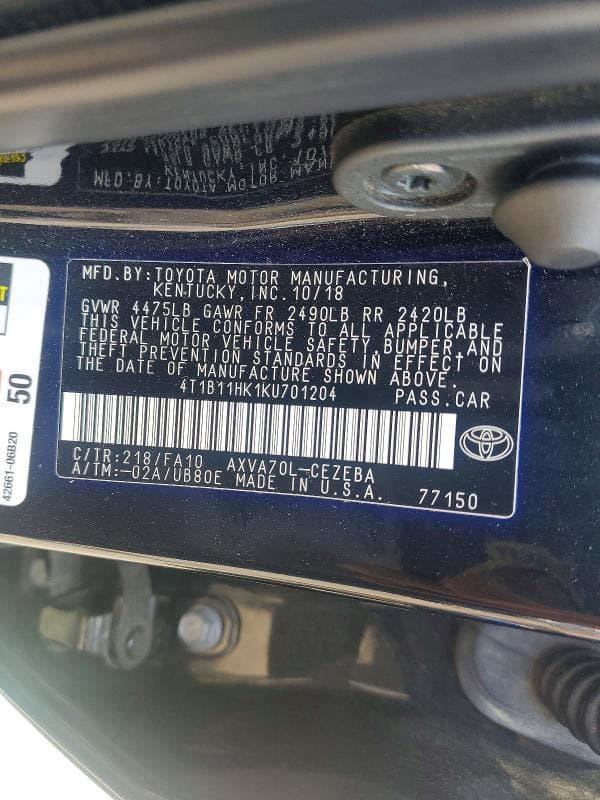 2019 TOYOTA CAMRY L 12